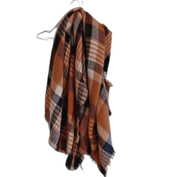 ModCloth Tan Black Brown Plaid Raw Fringe Blanket Scarft Women's Wrap - Picture 1 of 5